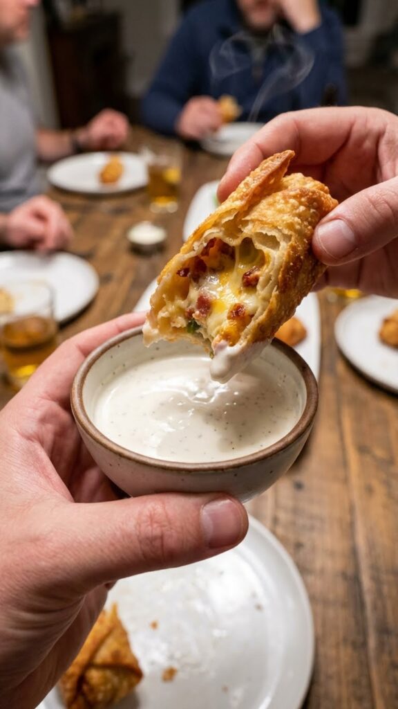 A close-up POV shot of a hand dipping a bitten jalapeño popper eggroll into ranch dressing.