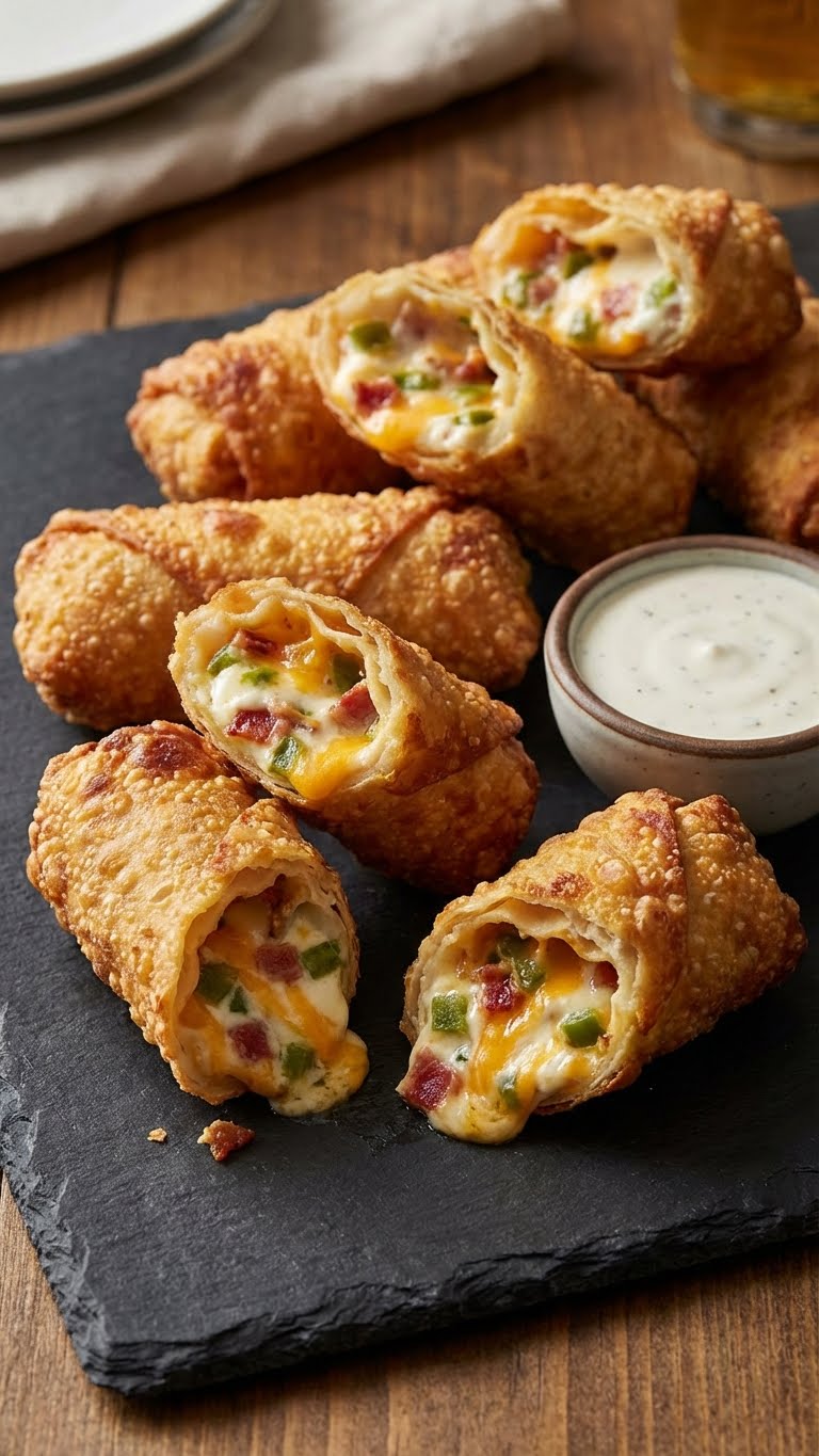 Golden fried eggrolls cut open to show a filling of cream cheese, jalapeños, and bacon, served on a slate platter with ranch dip.