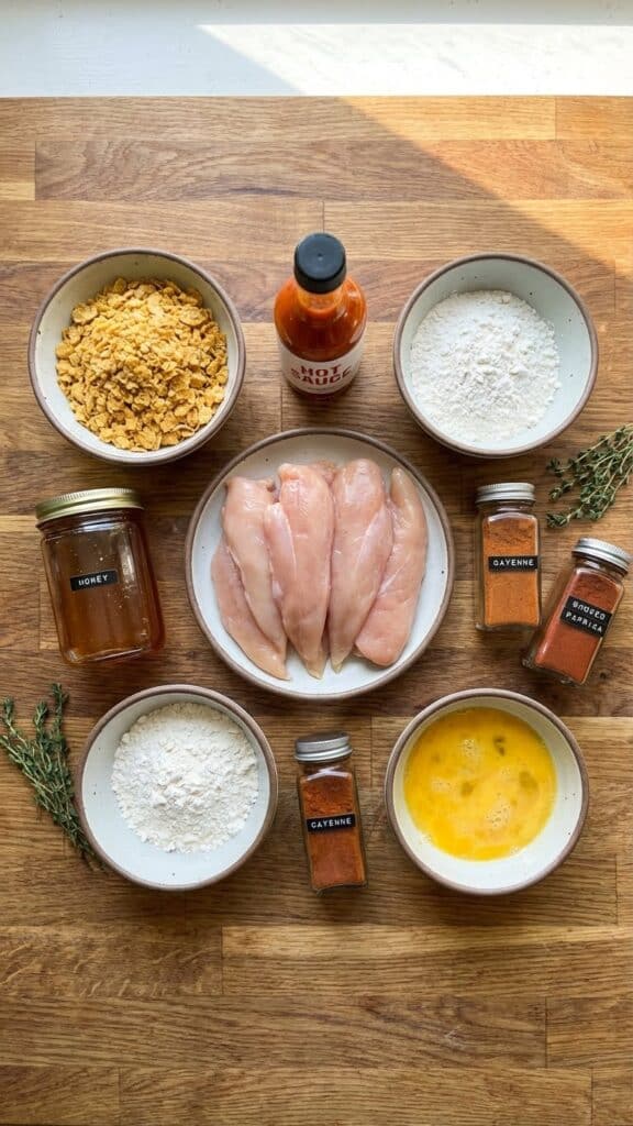 Overhead flat lay of ingredients: chicken tenders, crushed cornflakes, honey, hot sauce, eggs, and spices.