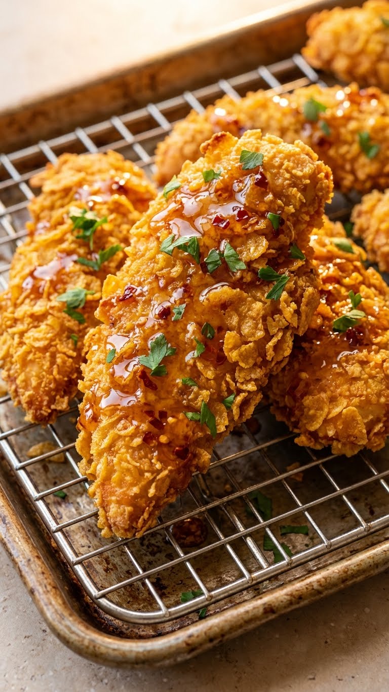 Oven-baked crispy chicken tenders drizzled with spicy hot honey and chili flakes on a wire rack.