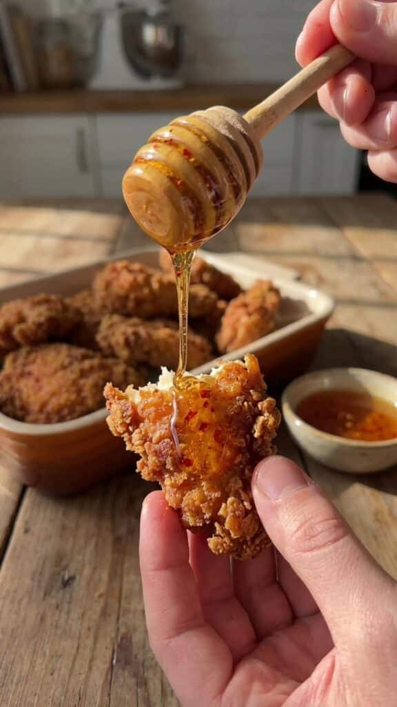 A close-up POV shot of spicy honey being drizzled over a piece of crispy baked chicken.