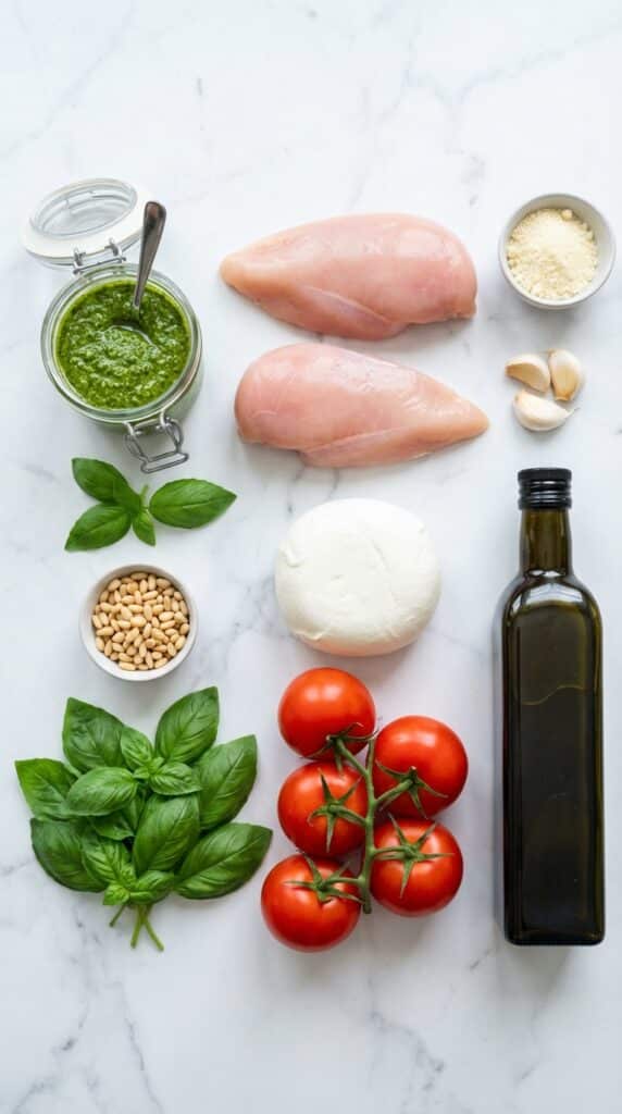 A flat lay showing raw chicken, a jar of pesto, fresh mozzarella, and tomatoes on a marble counter.