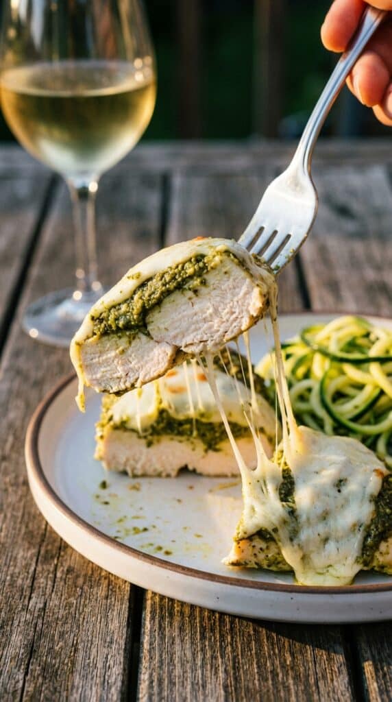 A close-up of a fork lifting a piece of pesto chicken with stringy melted cheese.