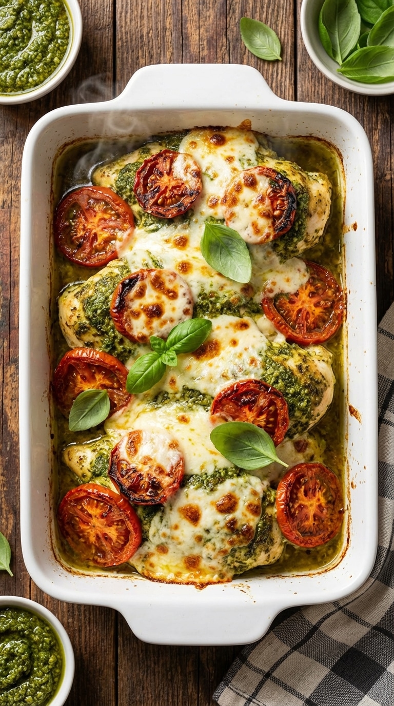A top-down view of a baking dish filled with chicken topped with pesto, tomatoes, and melted mozzarella cheese.