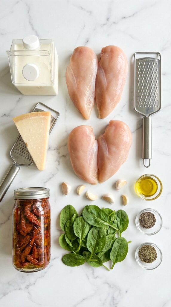 A flat lay showing raw chicken, heavy cream, parmesan cheese, sun-dried tomatoes, and spinach on a marble counter.