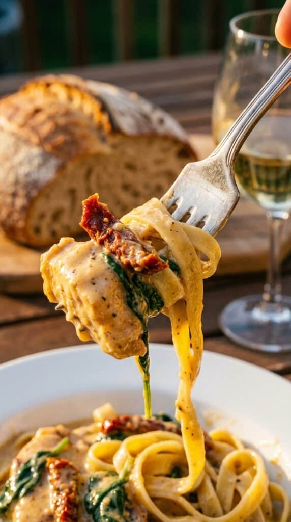 A close-up of a fork lifting a bite of creamy chicken and pasta with sun-dried tomatoes.