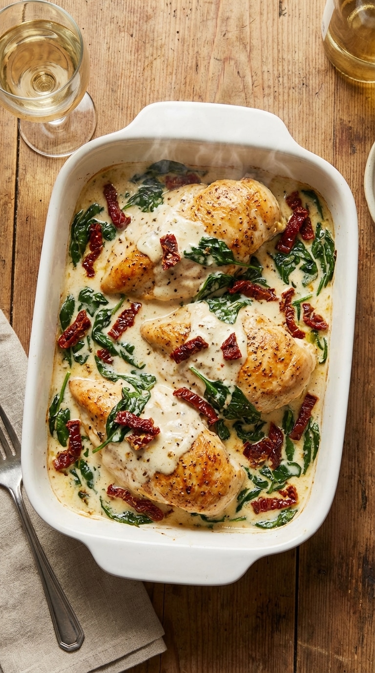 A top-down view of a baking dish filled with chicken in a creamy white sauce with spinach and sun-dried tomatoes.