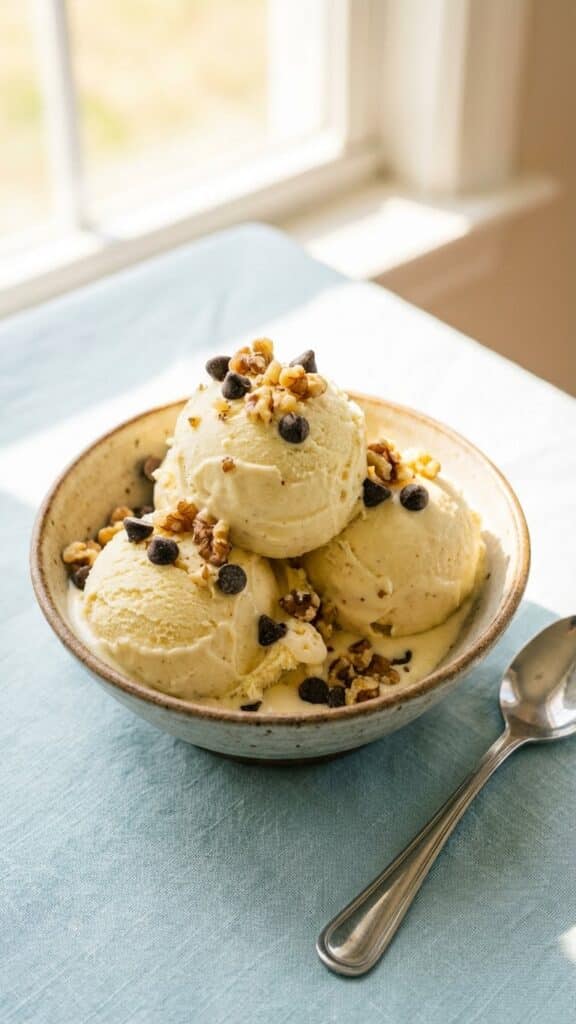 A close-up of a spoon scooping creamy banana ice cream, showing a soft-serve texture.