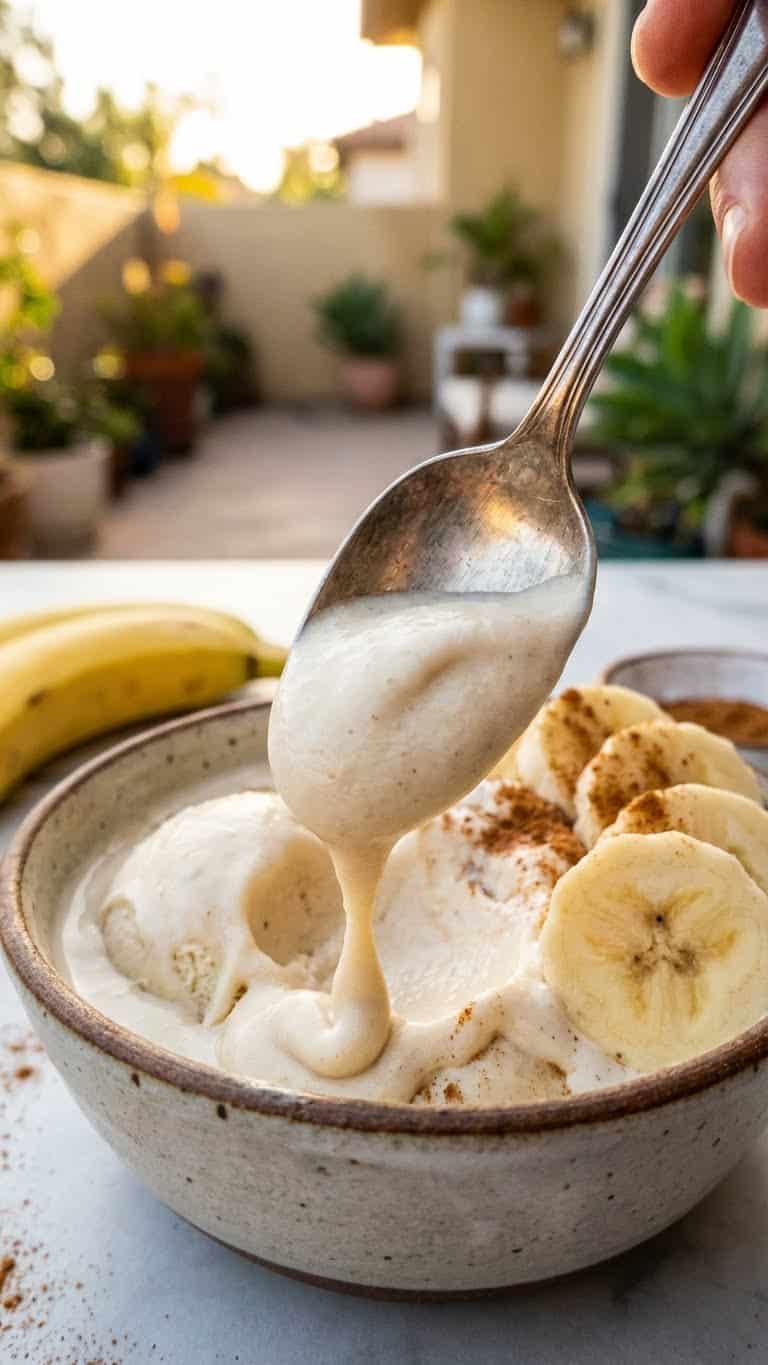 A bowl with scoops of creamy banana ice cream topped with walnuts and chocolate chips.