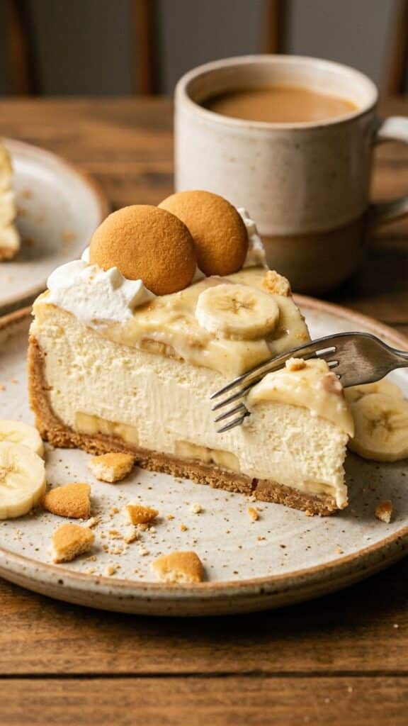 Overhead flat lay of baking ingredients including Nilla Wafers, ripe bananas, cream cheese, and eggs on a wooden board.