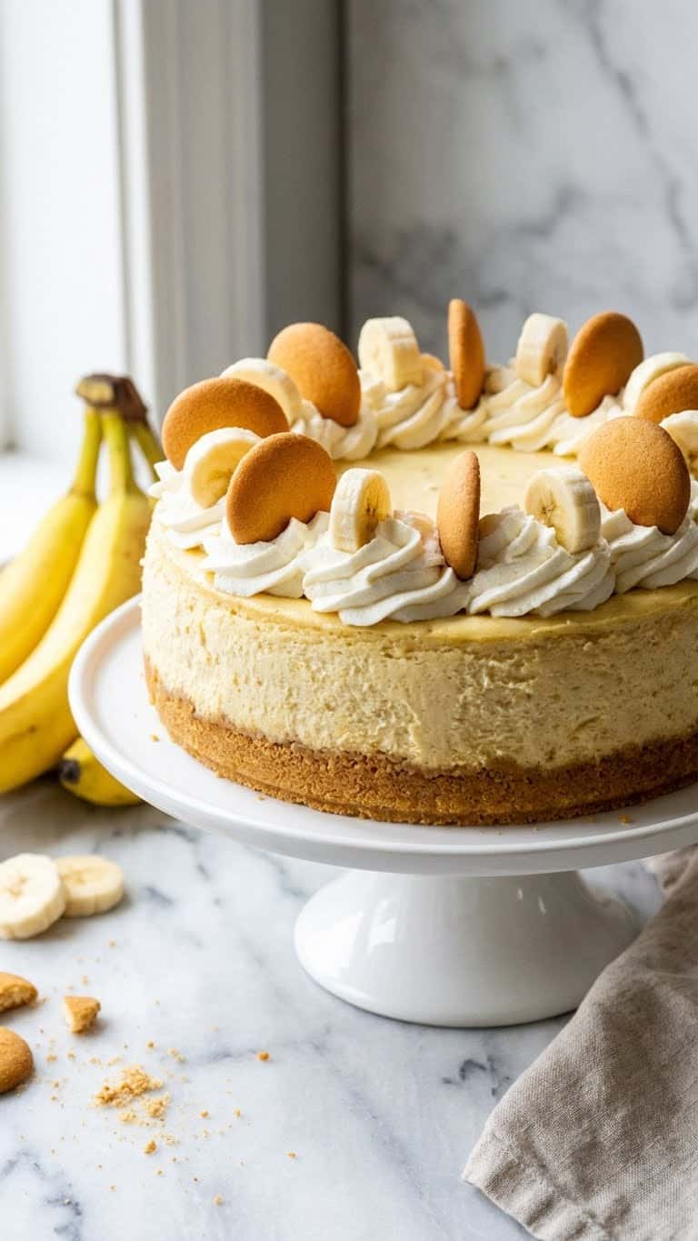 A whole banana pudding cheesecake on a stand, topped with whipped cream, Nilla wafers, and banana slices