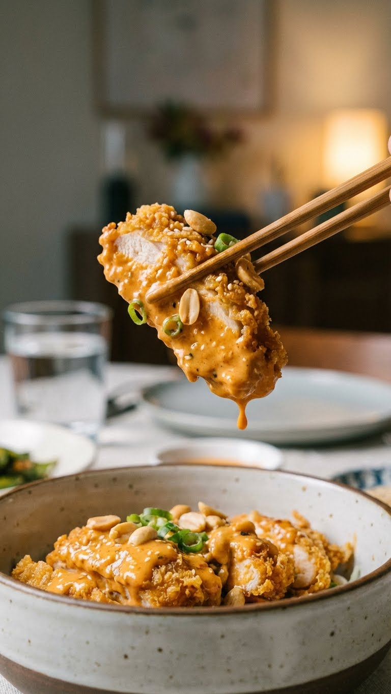 A bowl of crispy popcorn chicken tossed in creamy spicy mayo sauce, served over rice and garnished with green onions.