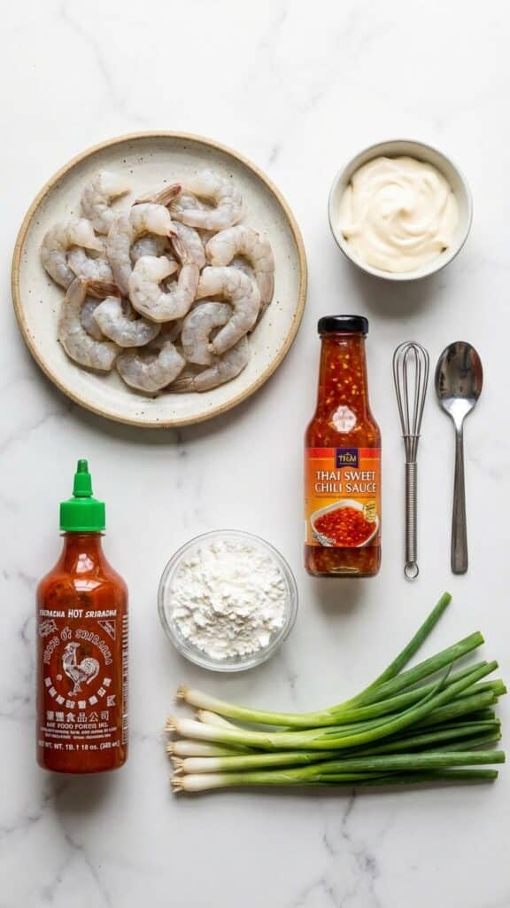 A flat lay showing raw shrimp, mayonnaise, sweet chili sauce, sriracha, and cornstarch.