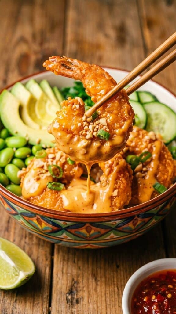 A close-up of chopsticks lifting a saucy, crispy shrimp from a rice bowl.