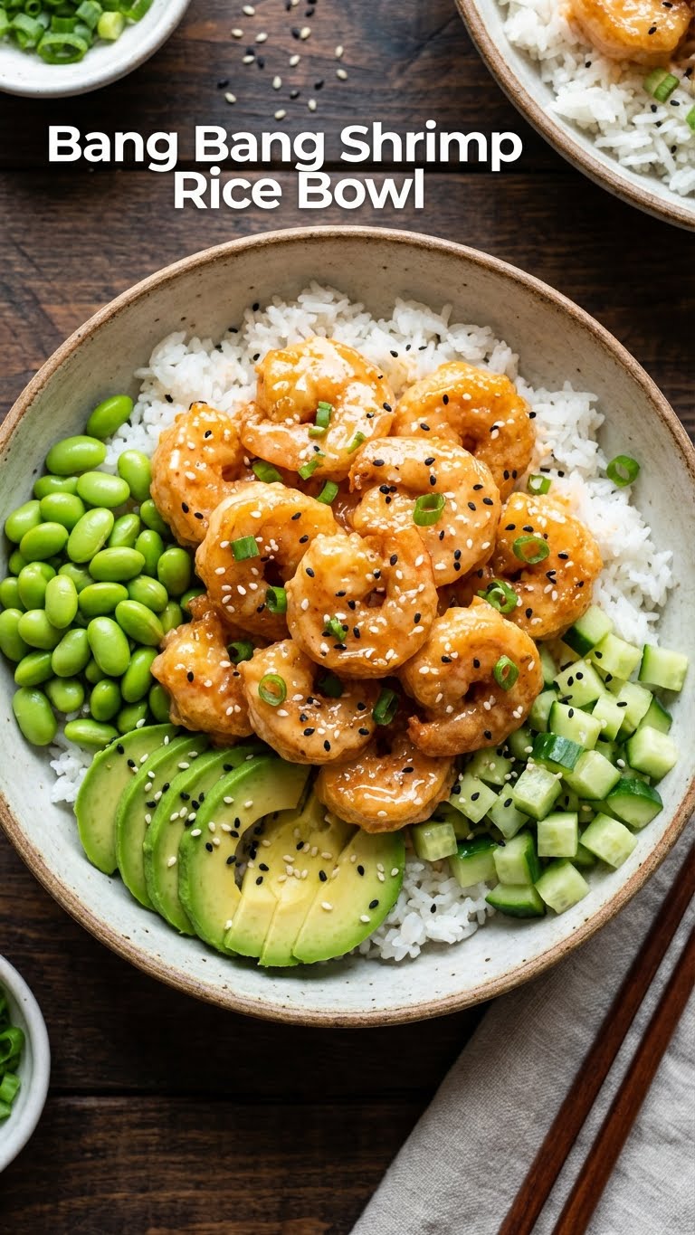 A top-down view of a rice bowl topped with crispy creamy bang bang shrimp, avocado, edamame, and cucumber.
