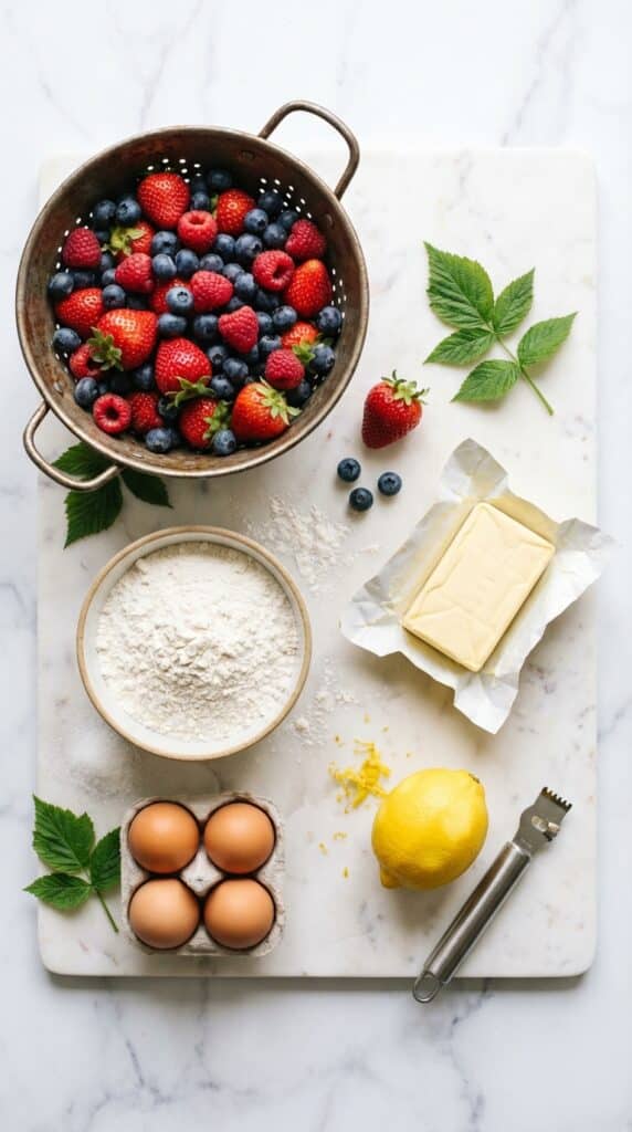 A flat lay showing fresh mixed berries in a colander, flour, butter, eggs, and a lemon on a marble board.