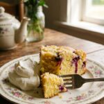 A close-up of a slice of berry cake on a floral plate with whipped cream, showing the moist crumb.