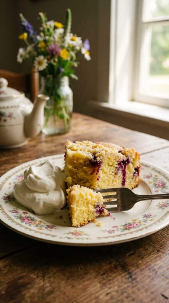 A close-up of a slice of berry cake on a floral plate with whipped cream, showing the moist crumb.