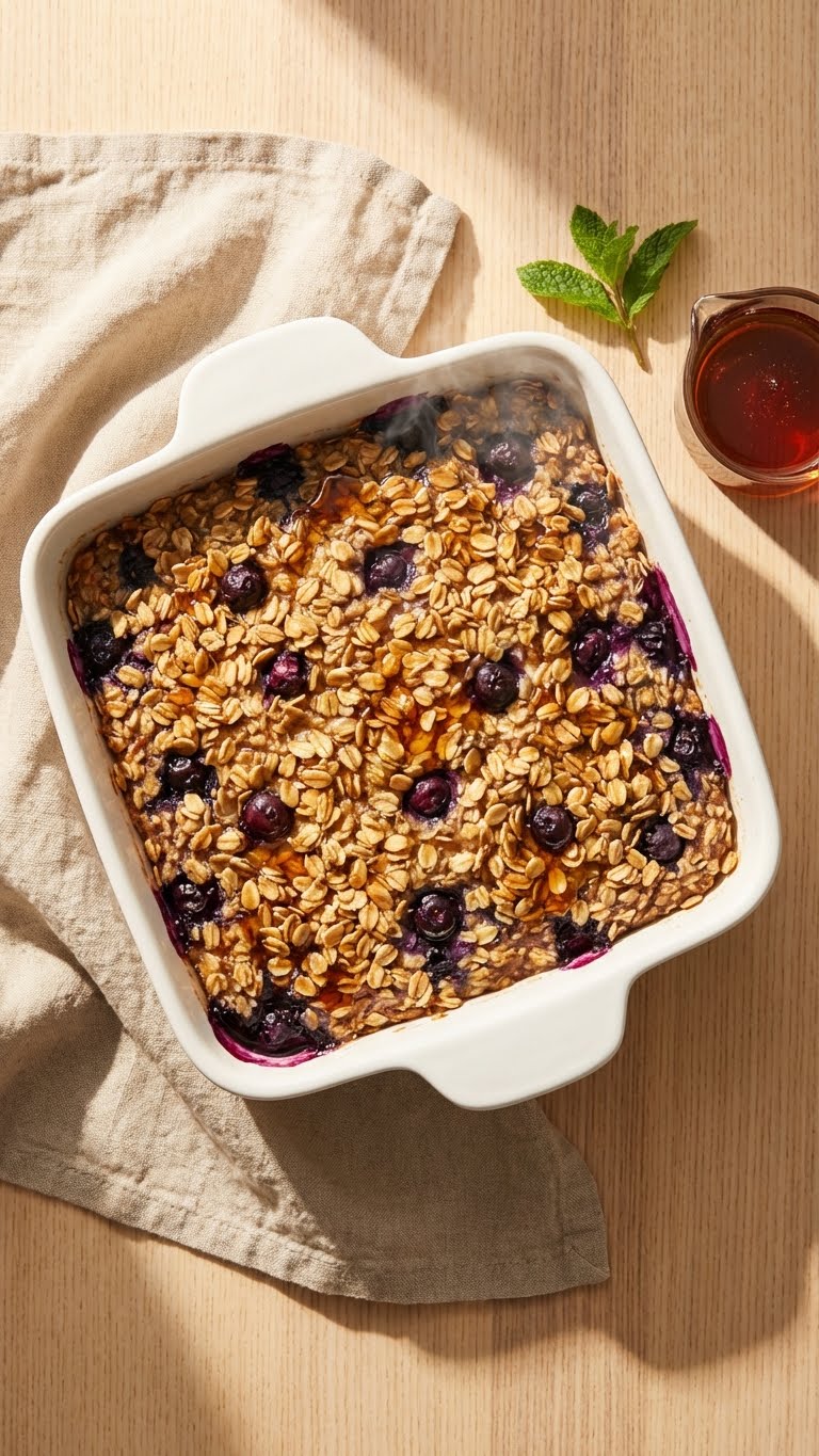 A square baking dish filled with golden baked oatmeal and bursting blueberries on a wooden table.