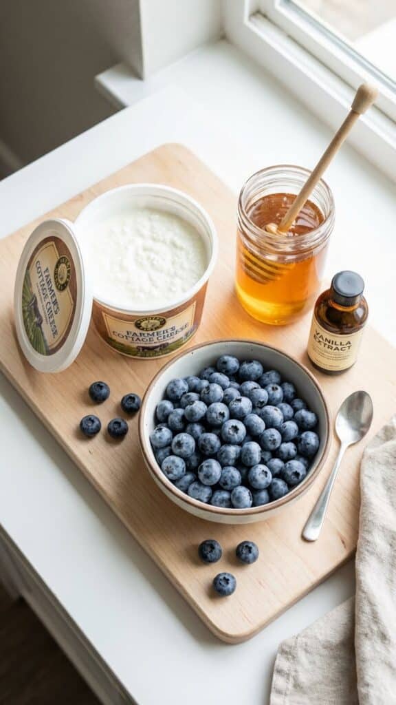 A flat lay showing a tub of cottage cheese, a bowl of fresh blueberries, honey, and vanilla extract.