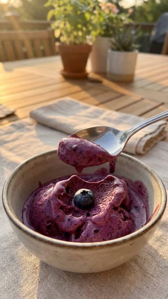 A close-up of a spoon lifting a creamy bite of purple blueberry ice cream.