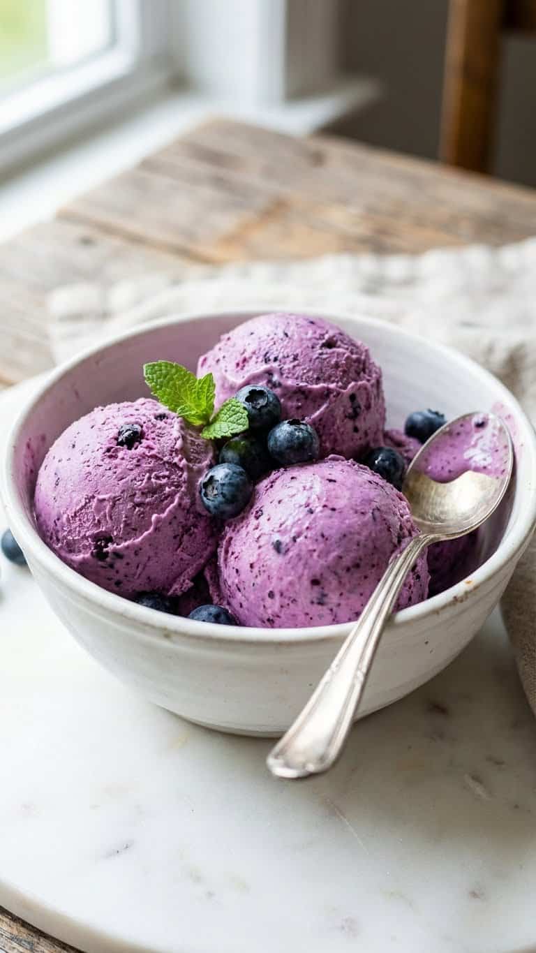 A bowl filled with scoops of vibrant purple blueberry ice cream topped with fresh berries and mint.