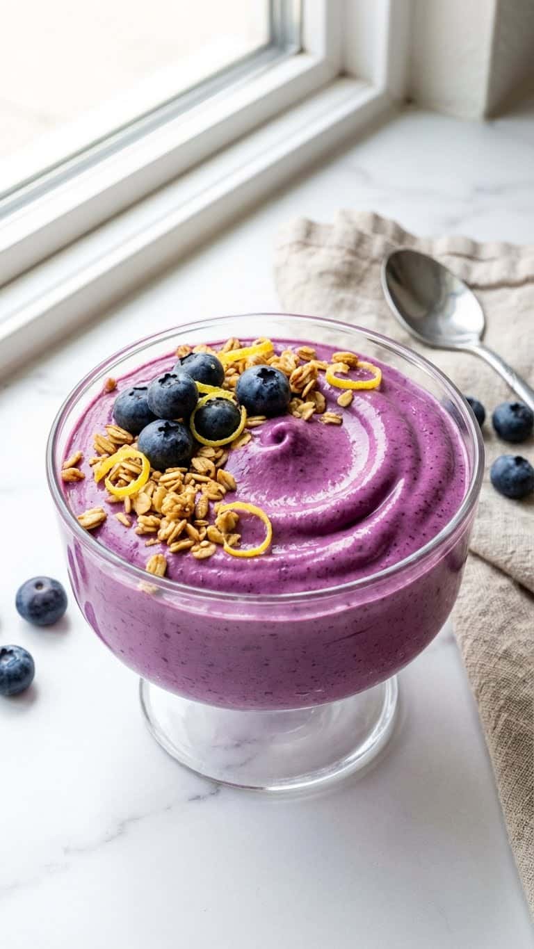A glass bowl filled with smooth, vibrant purple blueberry mousse topped with fresh berries and granola.