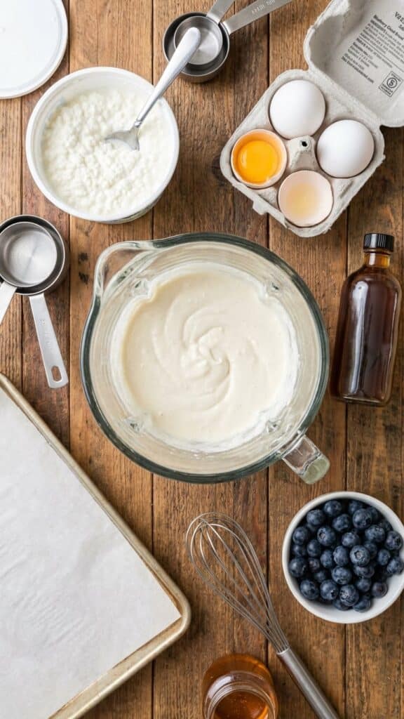 A flat lay showing cottage cheese, eggs, blueberries, and a blender filled with batter.