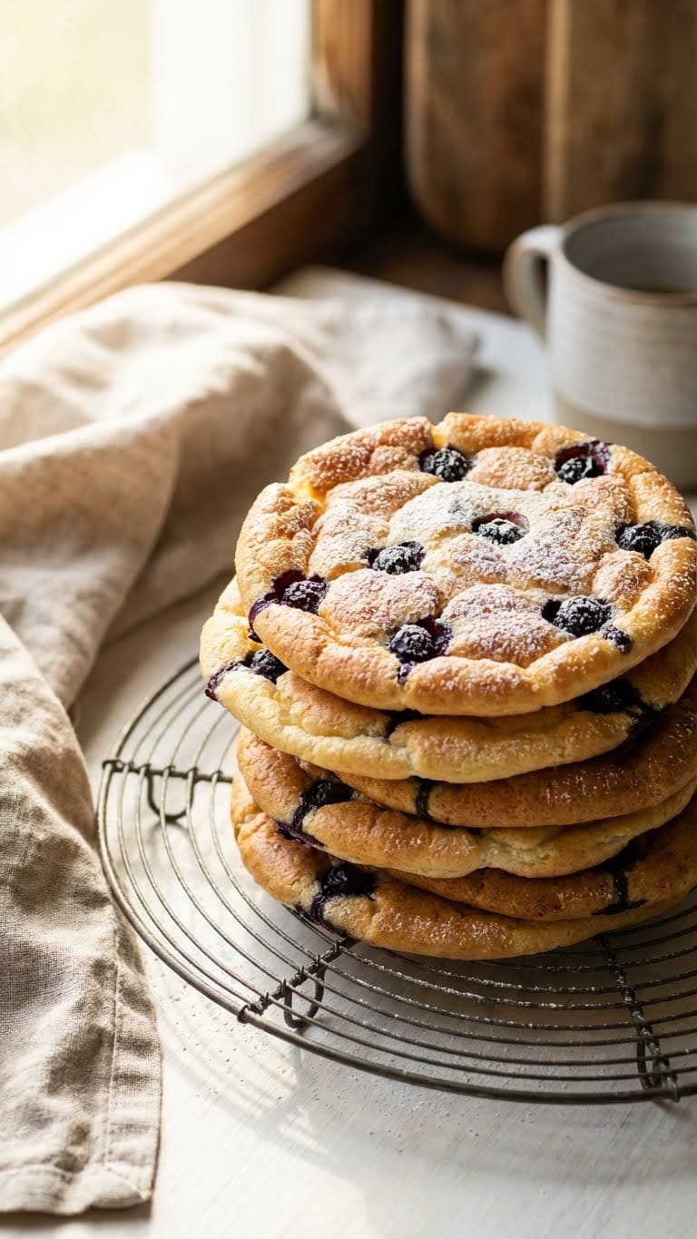 A stack of golden, fluffy cottage cheese cloud bread rolls with blueberries on a cooling rack.