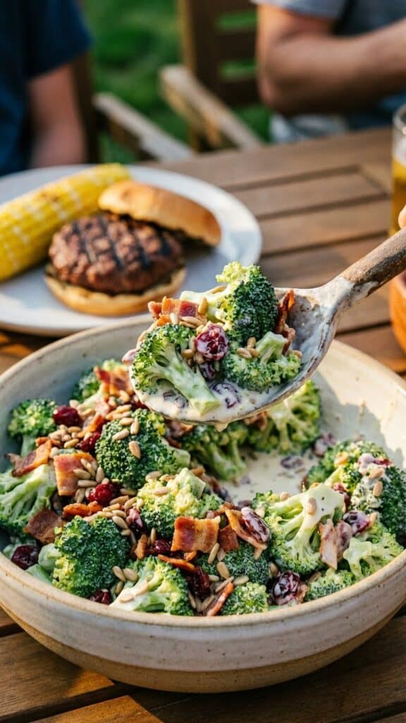 A close-up of a spoon lifting creamy broccoli salad with a burger plate in the background.