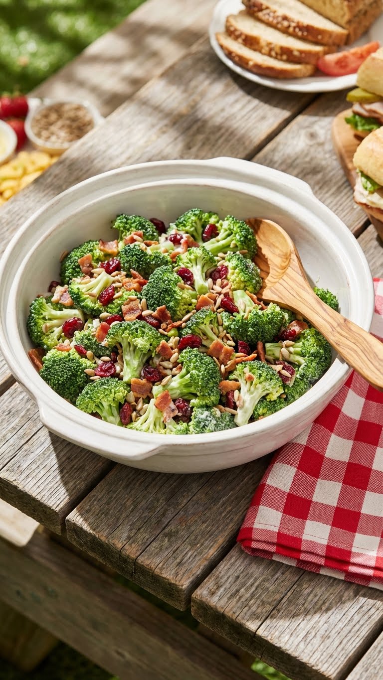 A large bowl of creamy broccoli salad with bacon, cranberries, and sunflower seeds on a picnic table.