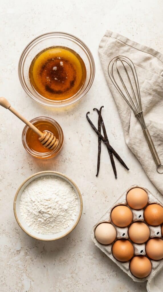 A flat lay showing a bowl of amber browned butter, a jar of honey, vanilla beans, flour, and eggs.