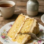 A close-up of a slice of golden cake with creamy frosting and honey on a plate with a fork.
