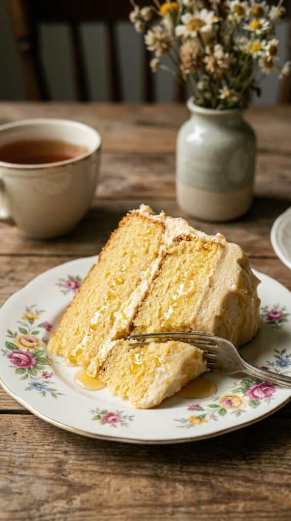 A close-up of a slice of golden cake with creamy frosting and honey on a plate with a fork.