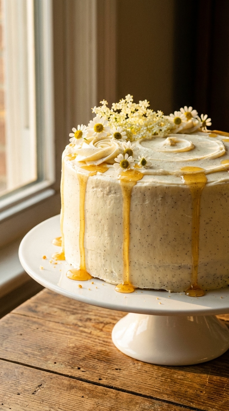A whole round cake on a stand with vanilla frosting and a golden honey drip down the side.