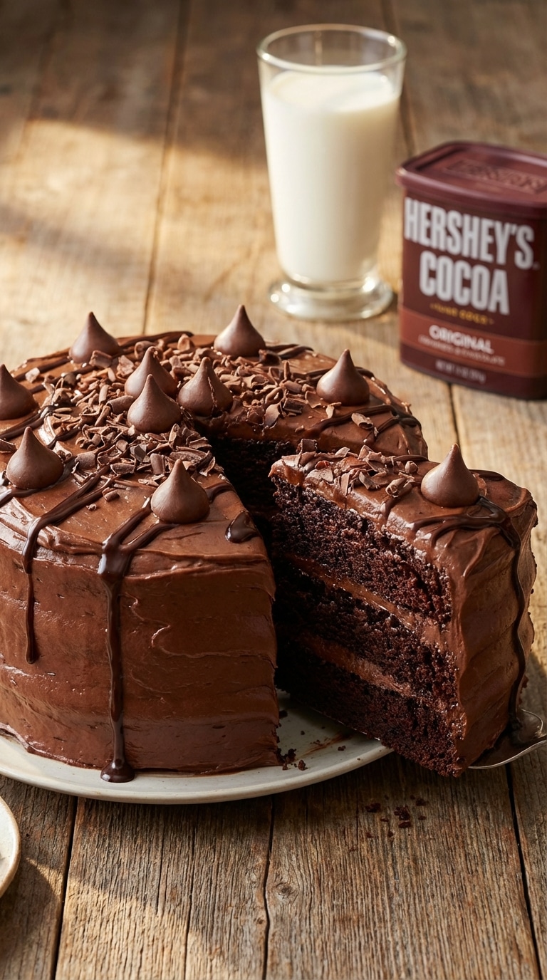 A whole chocolate mousse cake with a slice removed, showing a dense brownie bottom and a thick fluffy mousse top layer.