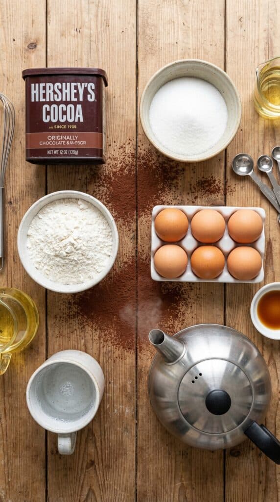A flat lay showing cocoa powder, heavy cream, dark chocolate, eggs, and a springform pan on a dark surface.