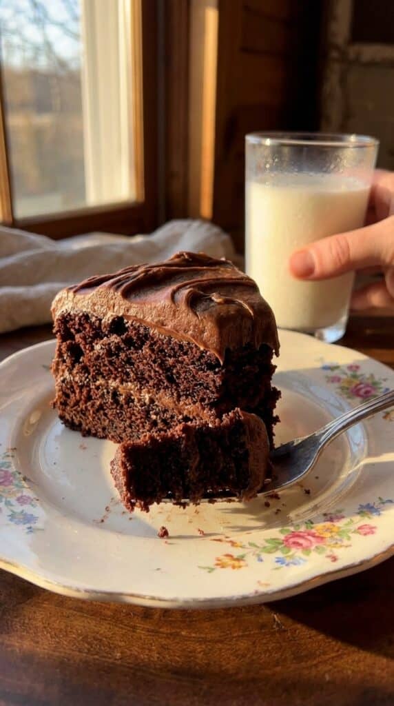 A close-up of a fork cutting through a slice of chocolate mousse cake, showing the soft mousse and dense brownie textures.