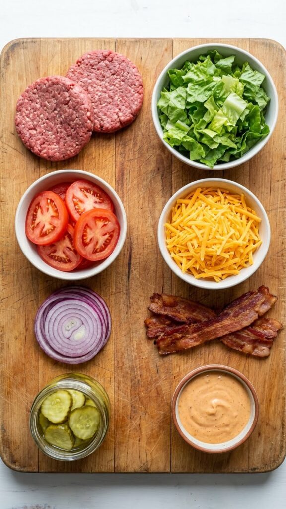 Overhead flat lay view of ingredients for Burger Bowls: raw patties, lettuce, tomatoes, onions, pickles, cheese, bacon, and sauce on a wooden board.