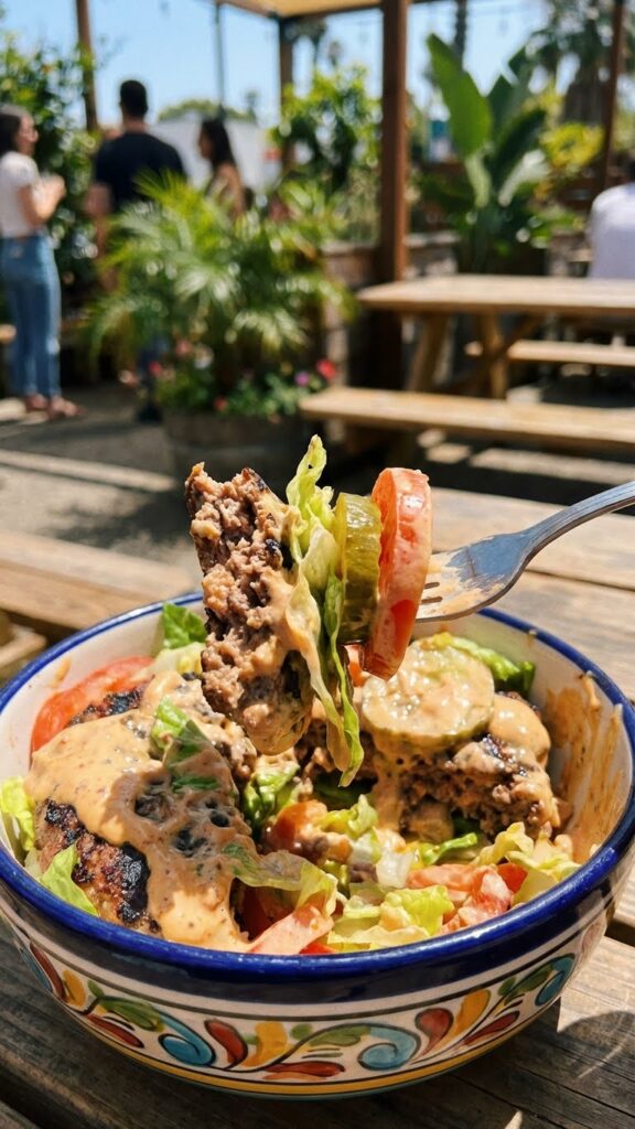 A close-up POV shot of a fork lifting a mixed bite of burger patty, lettuce, pickle, and sauce from a bowl.