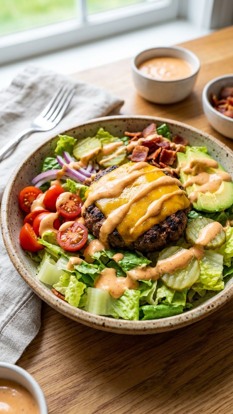 A loaded burger bowl with a grilled patty, melted cheese, tomatoes, pickles, avocado, bacon, and special sauce drizzle on a bed of lettuce.
