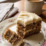 A close-up of a slice of butter pecan cake on a plate with a fork taking a bite, showing the texture.