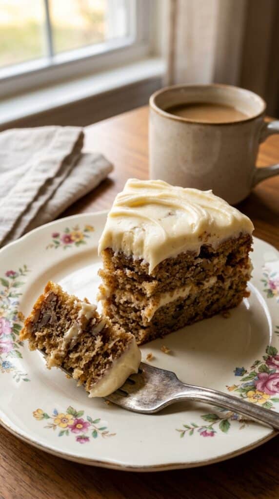 A close-up of a slice of butter pecan cake on a plate with a fork taking a bite, showing the texture.