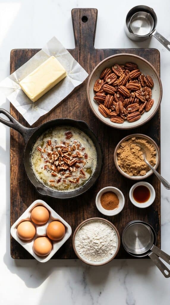 A flat lay showing pecans, a skillet with melted butter, brown sugar, eggs, and flour on a wood surface