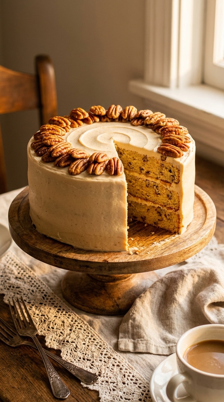 A whole three-layer butter pecan cake on a wooden stand, topped with toasted pecans, with a slice removed showing the nut-filled interior.