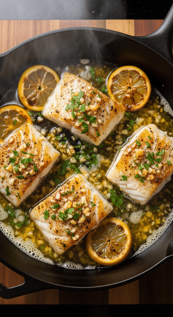 A close-up of a fork flaking a piece of white cod fish, showing the tender texture and butter sauce.