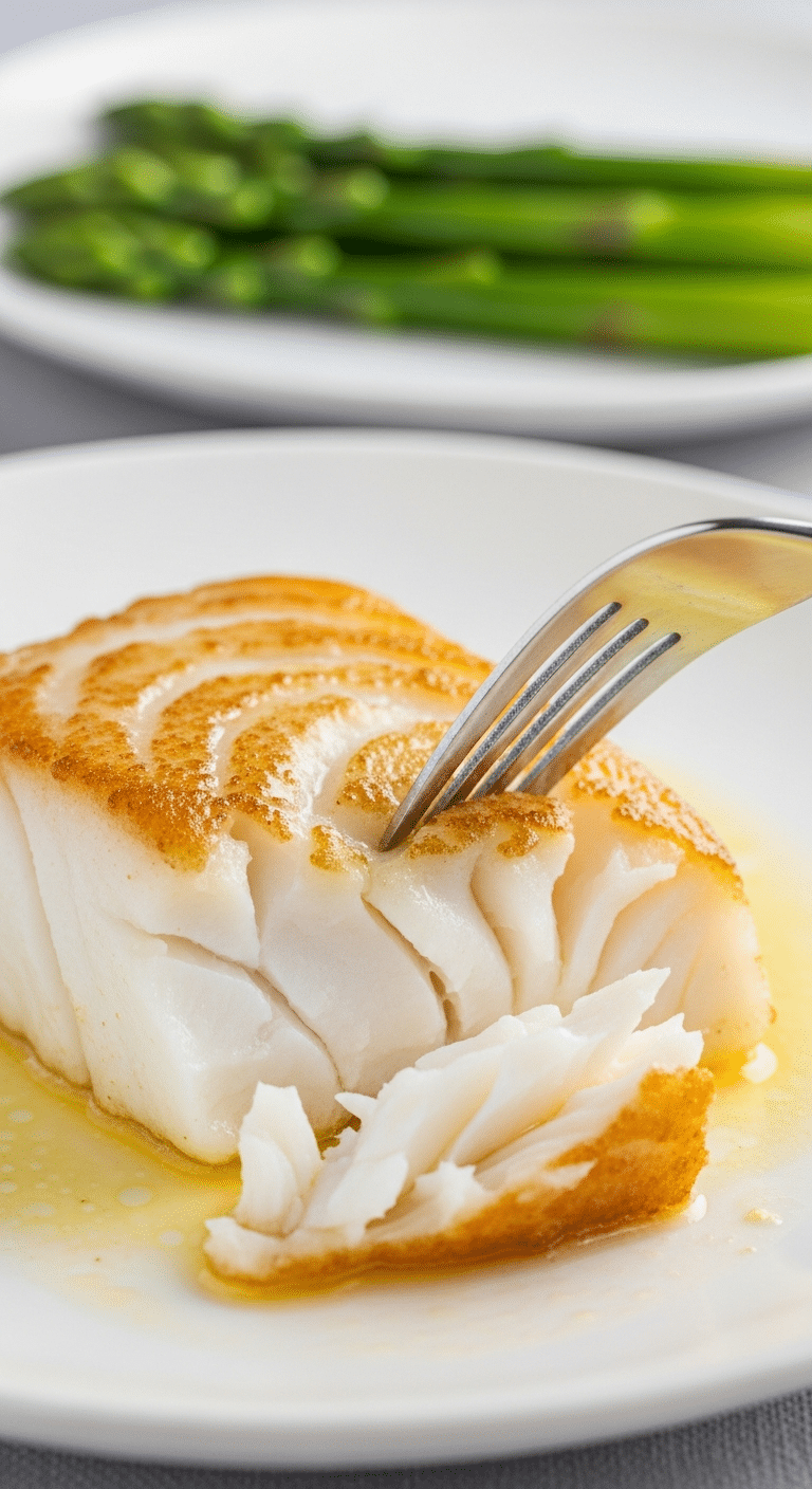 A top-down view of a skillet containing golden pan-seared cod fillets in a garlic lemon butter sauce.