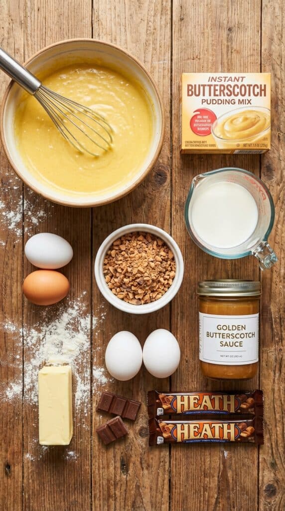 A flat lay showing cake batter, butterscotch pudding mix, milk, toffee bits, and sauce on a wooden board.