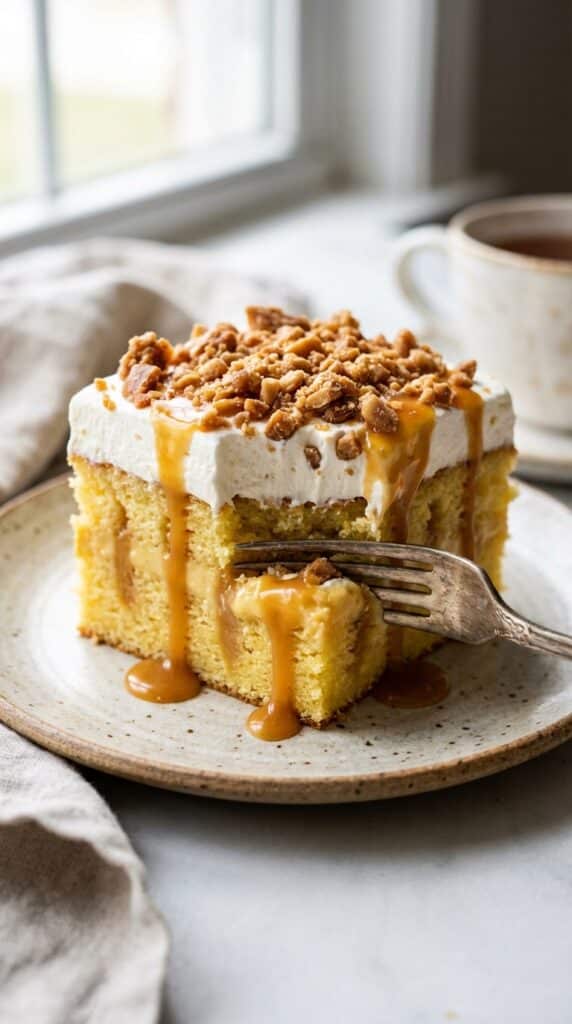 A close-up side view of a slice of butterscotch poke cake showing the pudding stripes and crunch topping.