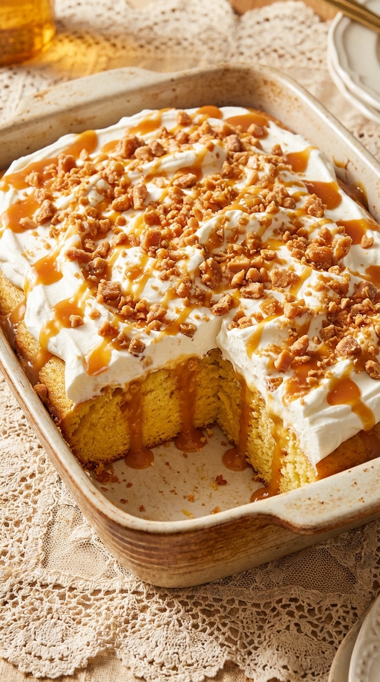 A 9x13 pan of butterscotch poke cake with whipped cream, toffee bits, and a slice missing showing the gooey filling.